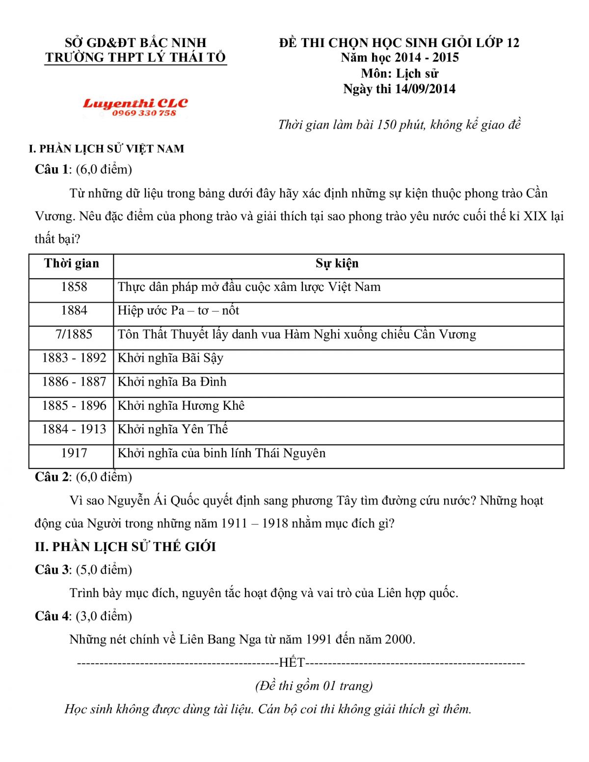 Đề thi chọn HSG m&ocirc;n Lịch Sử lớp 12 Trường THPT L&yacute; Th&aacute;i Tổ tỉnh Bắc Ninh năm 2014