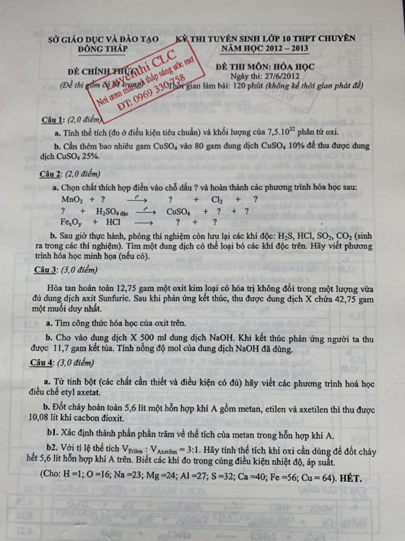 Đề thi tuyển sinh vào lớp 10 THPT CHUYÊN và đáp án môn Hóa Học tỉnh Đồng  Tháp năm 2012