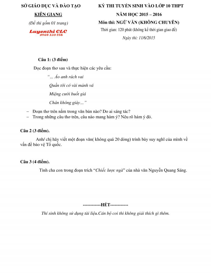 Đề thi tuyển sinh v&agrave;o lớp 10 THPT m&ocirc;n Ngữ Văn tỉnh Ki&ecirc;n Giang năm 2015