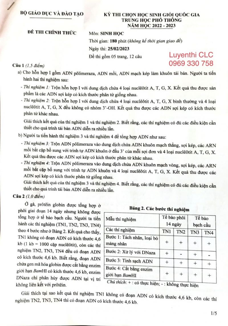 Đề thi chọn HSG Quốc Gia môn Sinh học năm 2023
