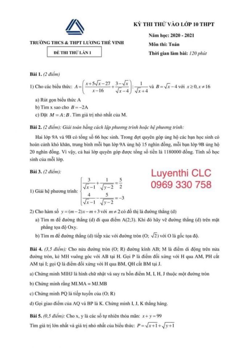 Đề thi thử vào lớp 10 môn Toán Trường THCS &amp; THPT Lương Thế Vinh năm 2020