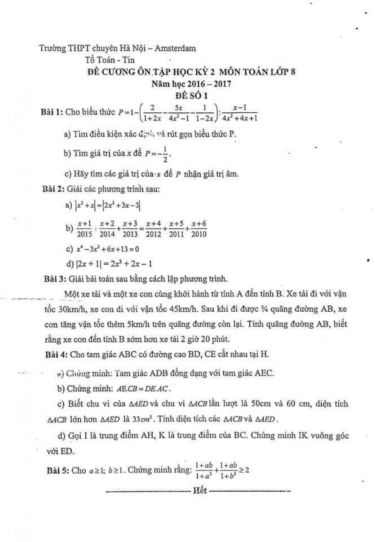 Đề cương ôn tập học kì II môn Toán lớp 8 Trường THPT CHUYÊN Hà Nội - Amsterdam năm 2016