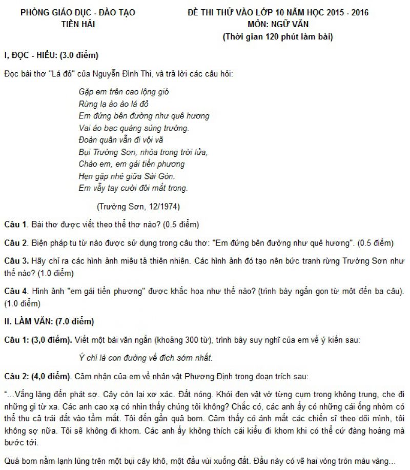 Đề thi thử v&agrave;o lớp 10 m&ocirc;n Ngữ Văn tại Tiền Hải, Th&aacute;i B&igrave;nh năm 2015