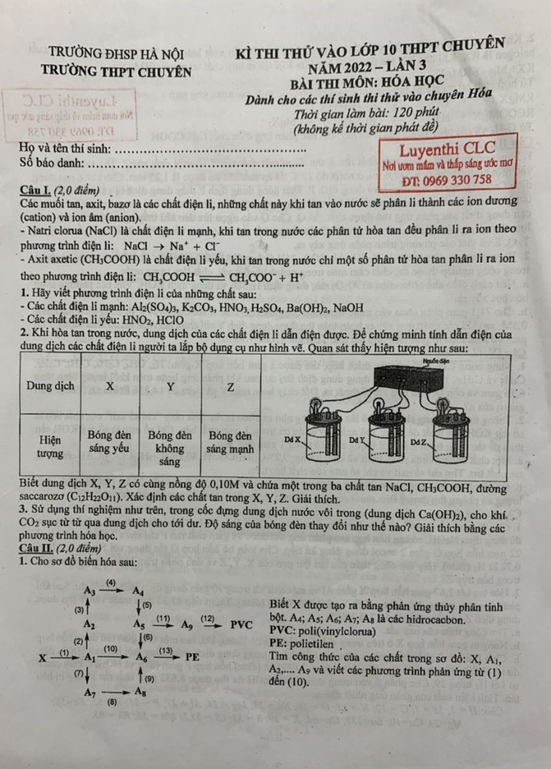 Đề thi thử vào lớp 10 THPT CHUYÊN môn Hóa Học lần 3 Trường THPT CHUYÊN Đại học Sư phạm Hà Nội năm 2022