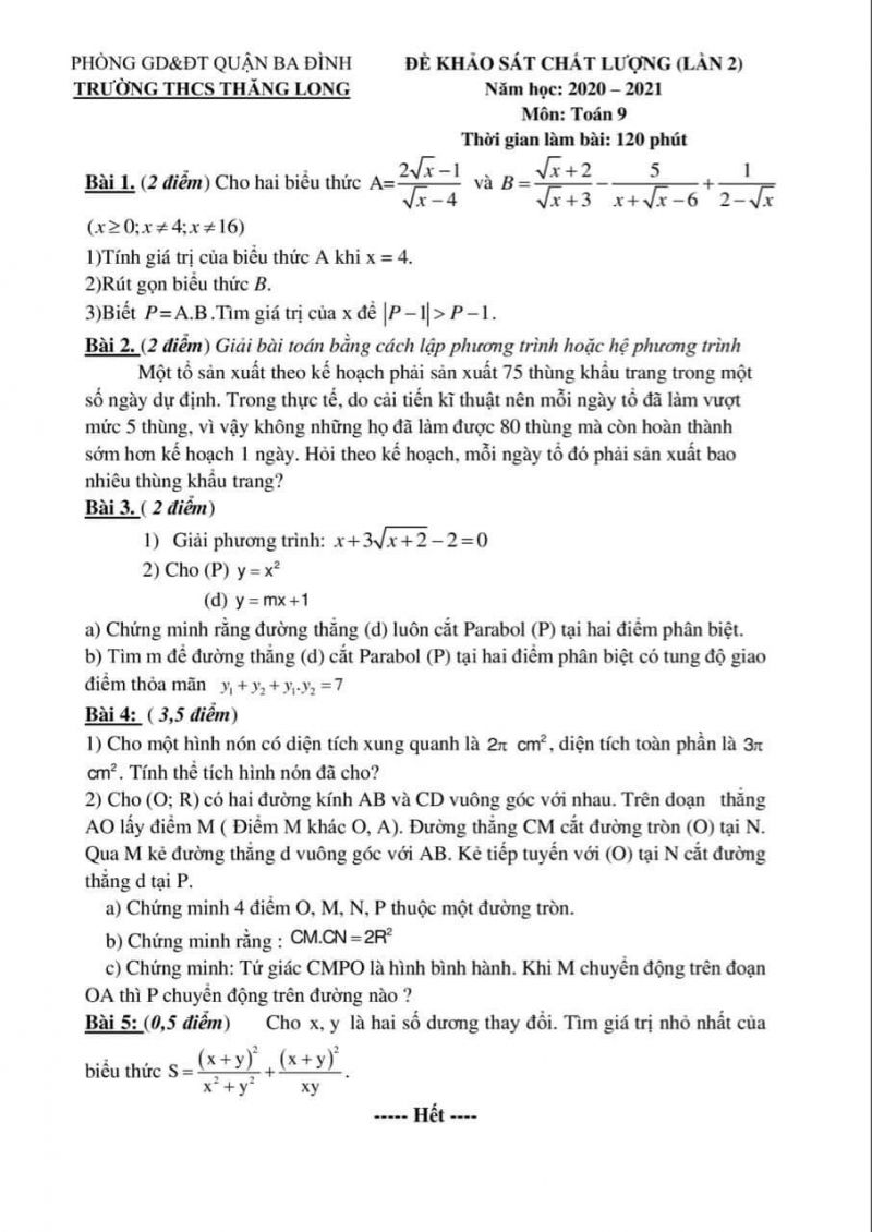 Đề khảo sát chất lượng môn Toán lớp 9 lần 2 Trường THCS Thăng Long, quận Ba Đình, Hà Nội năm 2021