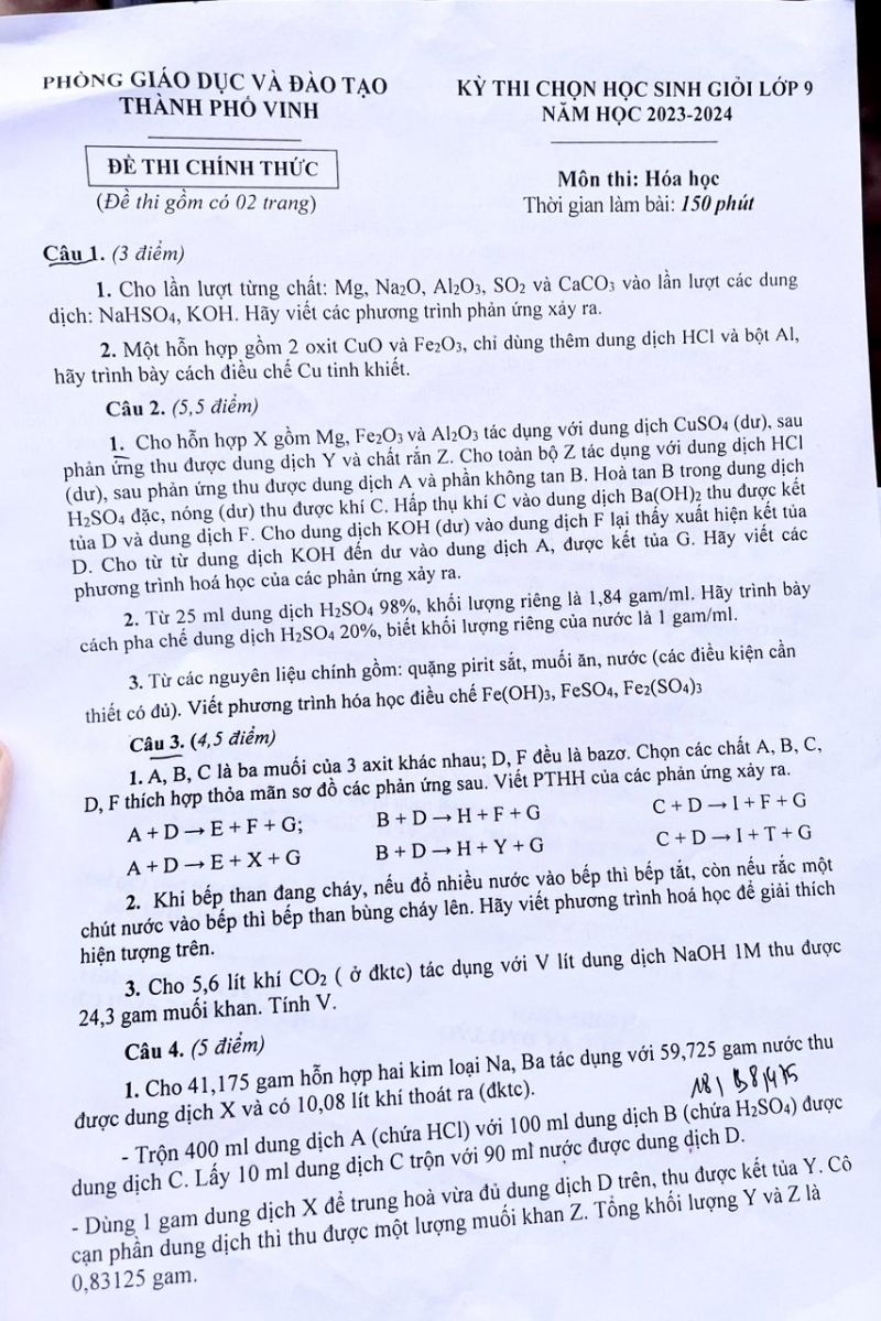 Đề thi chọn HSG môn Hóa Học lớp 9 tại Vinh năm 2023