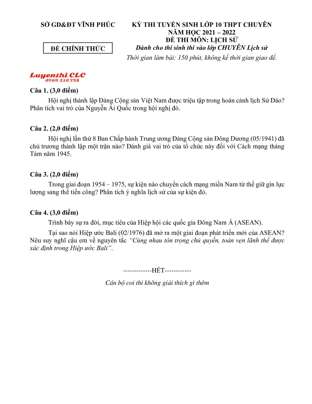 Đề thi tuyển sinh v&agrave;o lớp 10 THPT CHUY&Ecirc;N m&ocirc;n Lịch Sử tỉnh Vĩnh Ph&uacute;c năm 2022