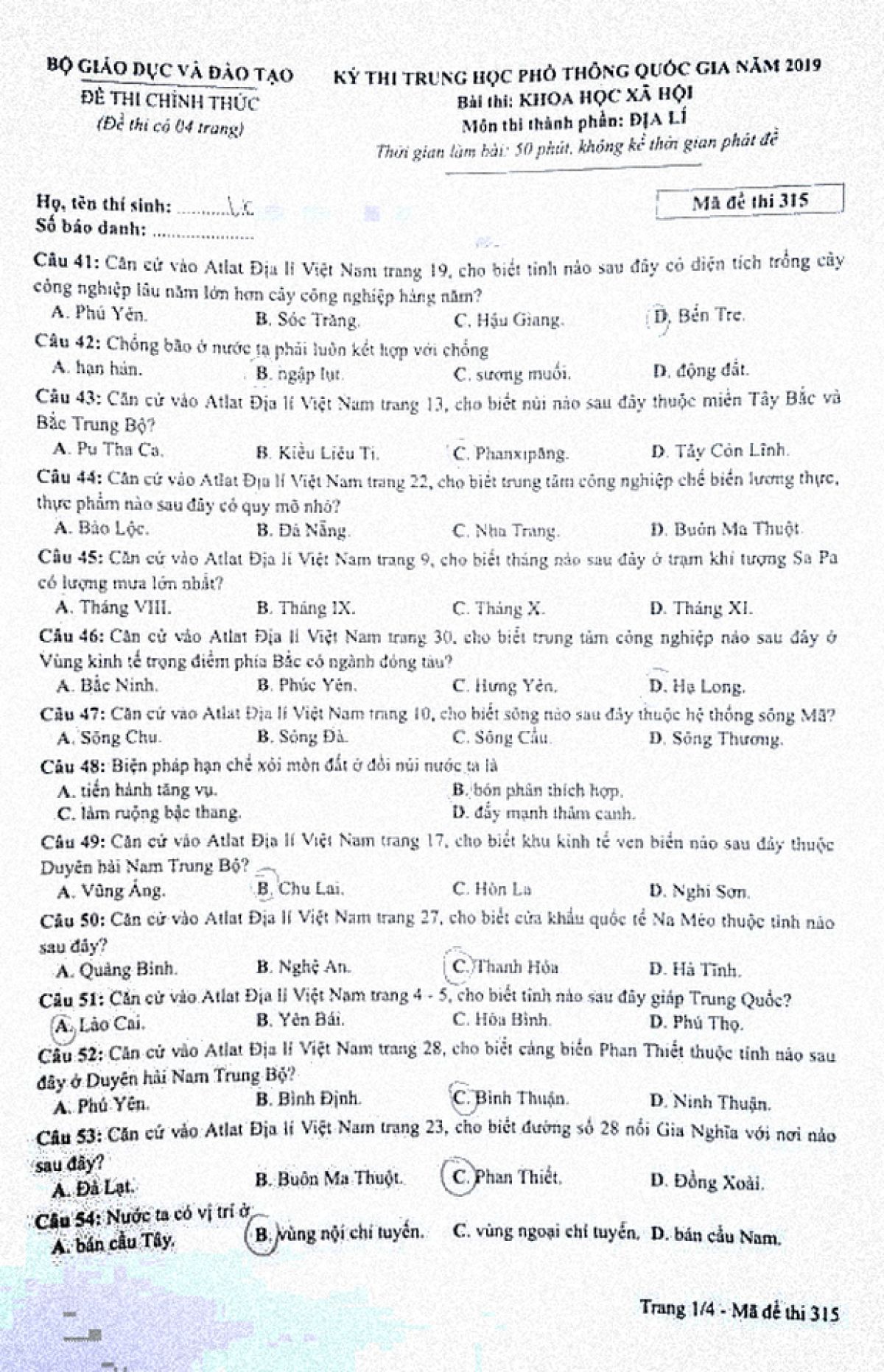 Đề thi THPT Quốc Gia môn Địa Lí năm 2019