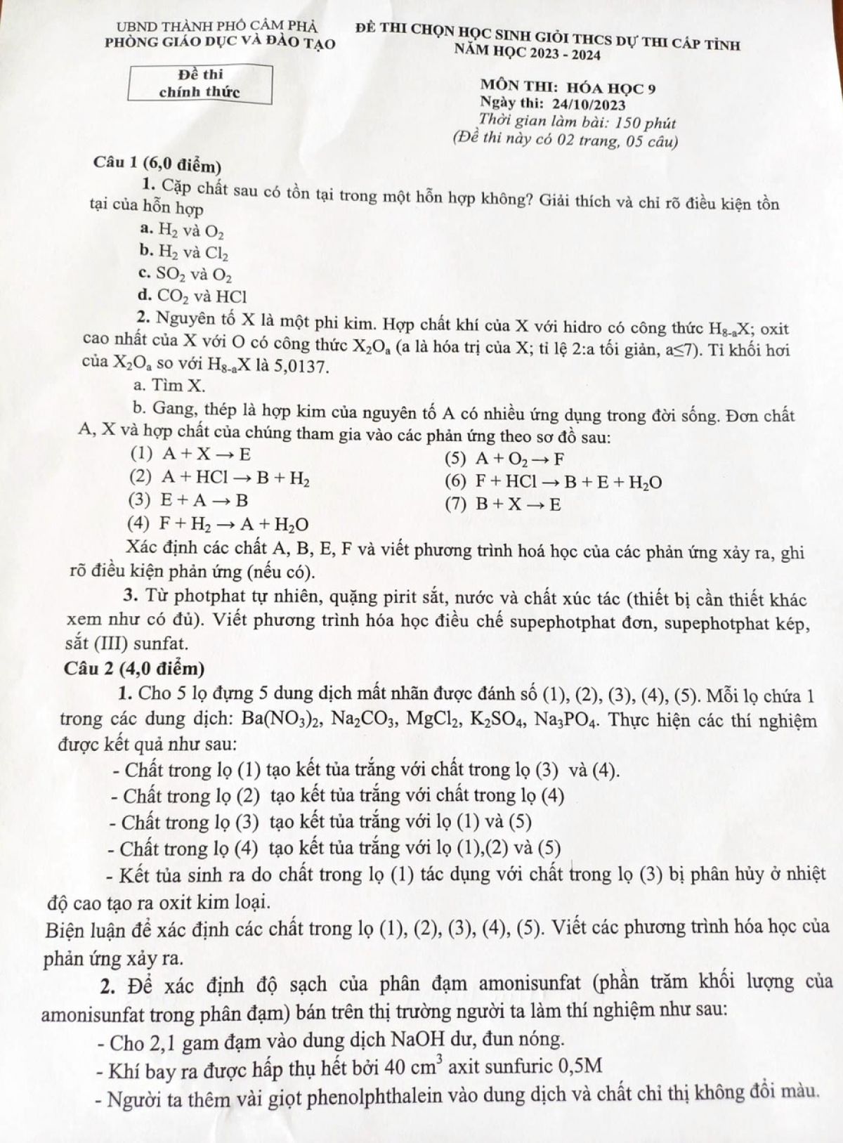 Đề thi chọn HSG môn Hóa Học lớp 9 thành phố Cẩm Phả tỉnh Quảng Ninh năm 2023