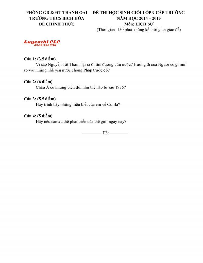 Đề thi chọn HSG m&ocirc;n Lịch Sử lớp 9 Trường THCS B&iacute;ch H&ograve;a, huyện Thanh Oai, H&agrave; Nội năm 2015