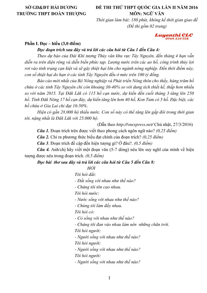 Đề thi thử THPT Quốc Gia lần 2 m&ocirc;n Ngữ Văn Trường THPT Đo&agrave;n Thượng tỉnh Hải Dương năm 2016
