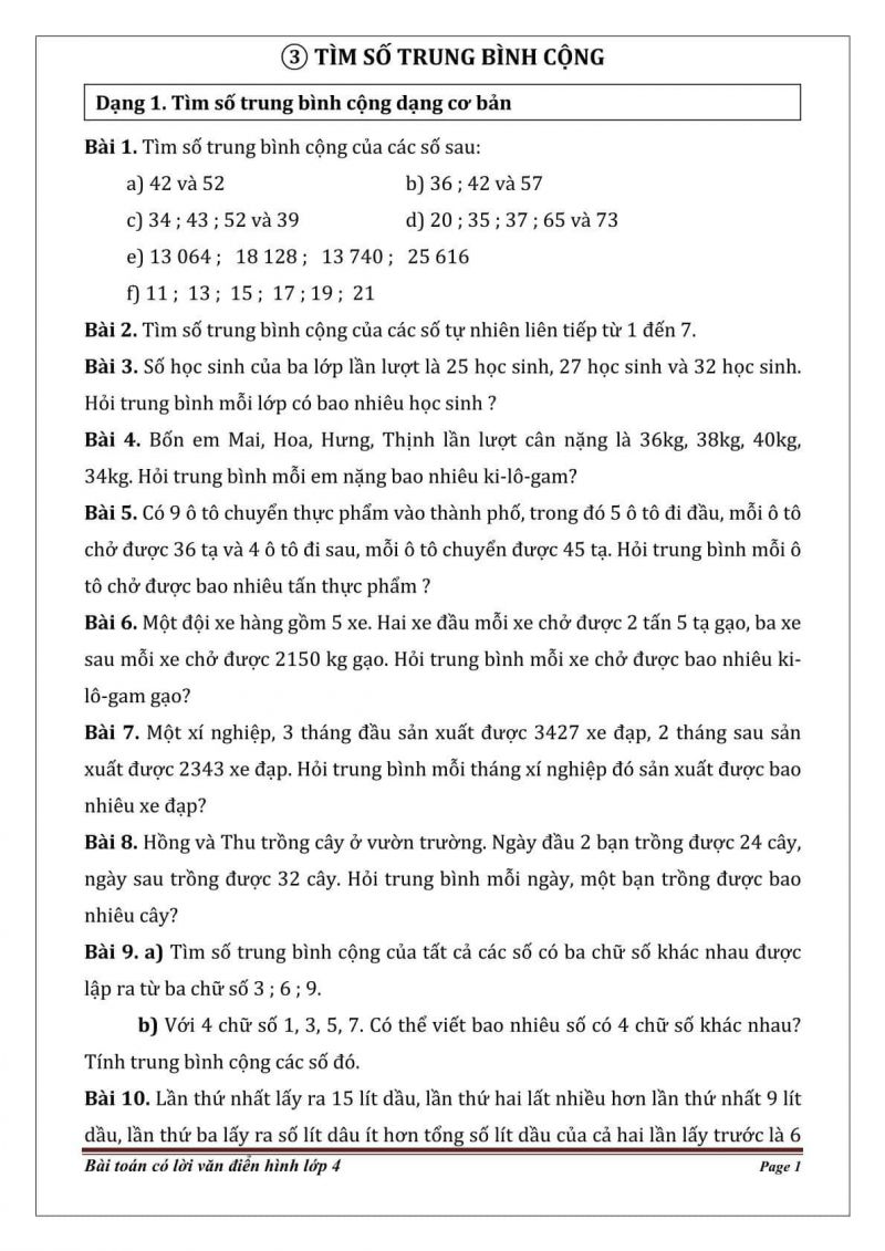 Những dạng toán đặc trưng lớp 4