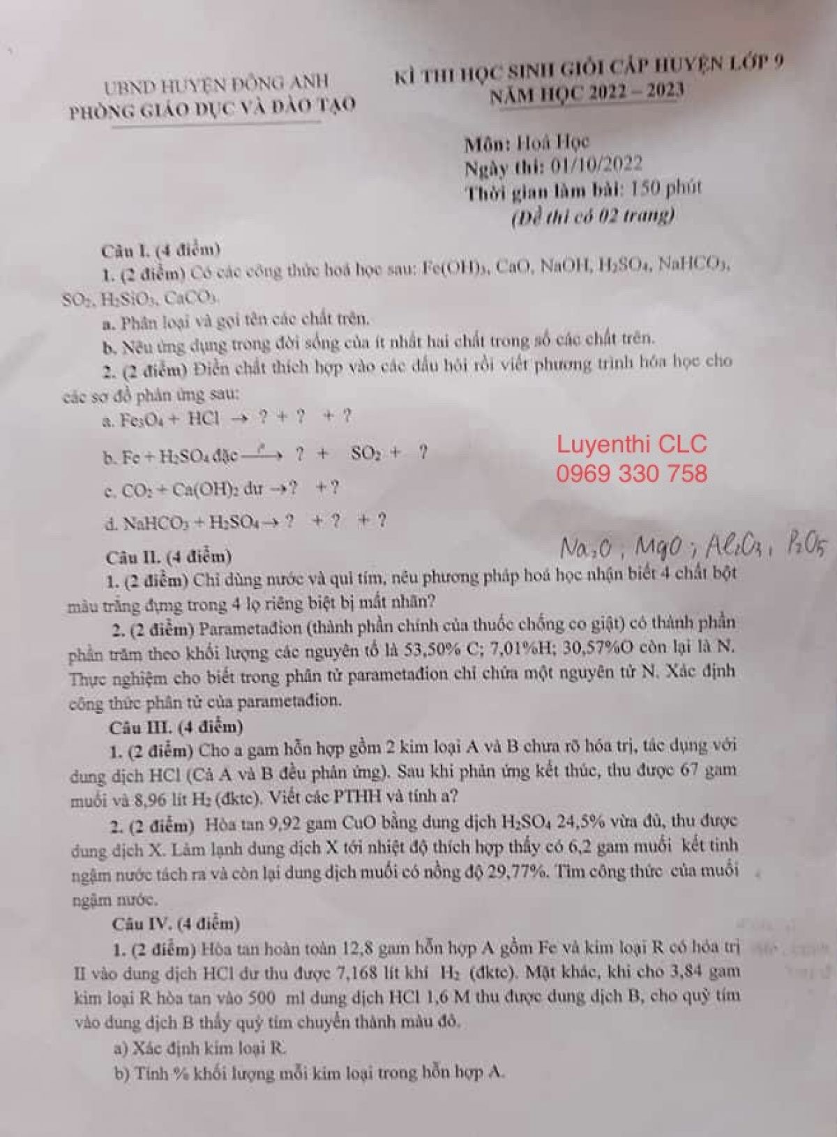 Đề thi chọn HSG m&ocirc;n H&oacute;a Học lớp 9 huyện Đ&ocirc;ng Anh, H&agrave; Nội năm 2022