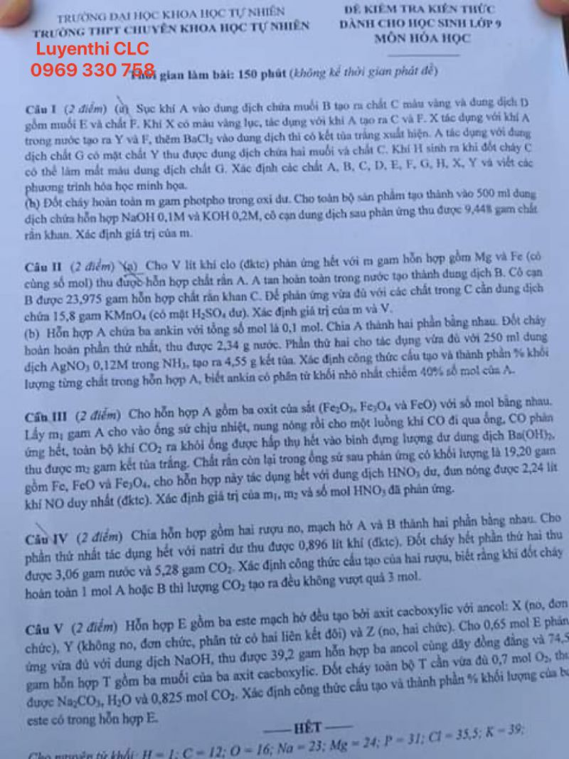 Đề thi v&agrave; đ&aacute;p &aacute;n chi tiết m&ocirc;n Ho&aacute; - thi thử trường THPT chuy&ecirc;n ĐHKHTN H&agrave; Nội, ng&agrave;y thi 20 v&agrave; 21/6/2020