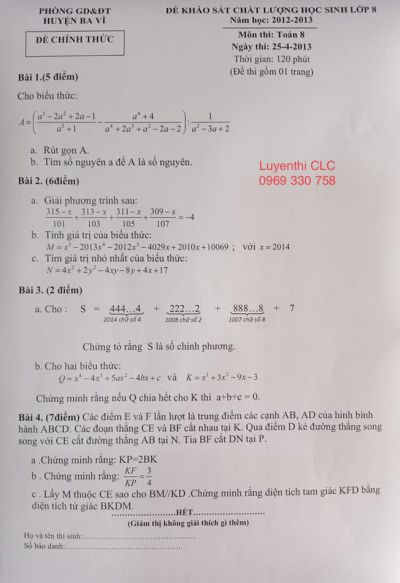 Đề khảo sát chất lượng học sinh môn Toán lớp 8 huyện Ba Vì, Hà Nội năm 2013