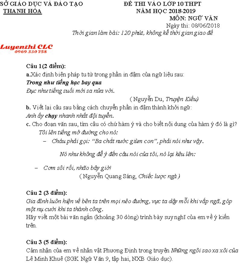 Đề thi tuyển sinh v&agrave;o lớp 10 m&ocirc;n Ngữ Văn tỉnh Thanh H&oacute;a năm 2018