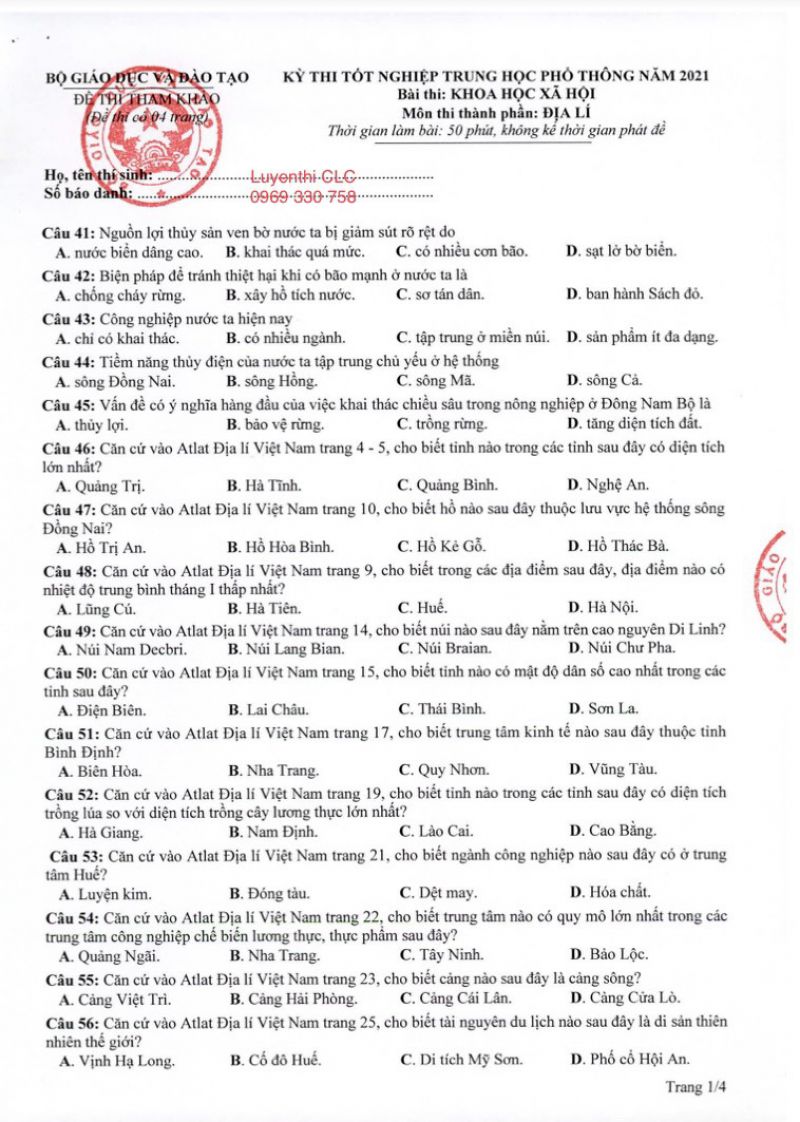 Đề thi tốt nghiệp trung học phổ thông môn Địa Lí năm 2021 (Đề tham khảo)