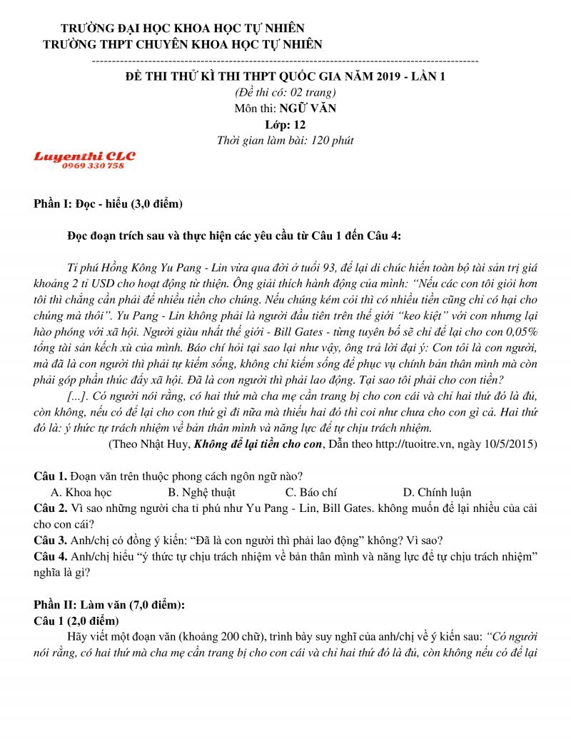 Đề thi thử THPT Quốc Gia môn Ngữ Văn lần 1 Trường THPT CHUYÊN KHTN Đại học KHTN Hà Nội năm 2019