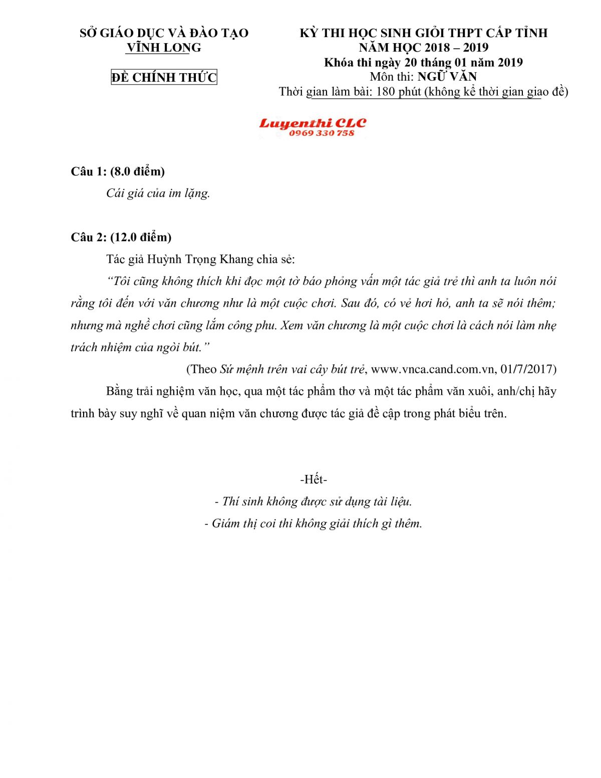 Đề thi chọn HSG THPT cấp tỉnh m&ocirc;n Ngữ Văn tỉnh Vĩnh Long năm 2019