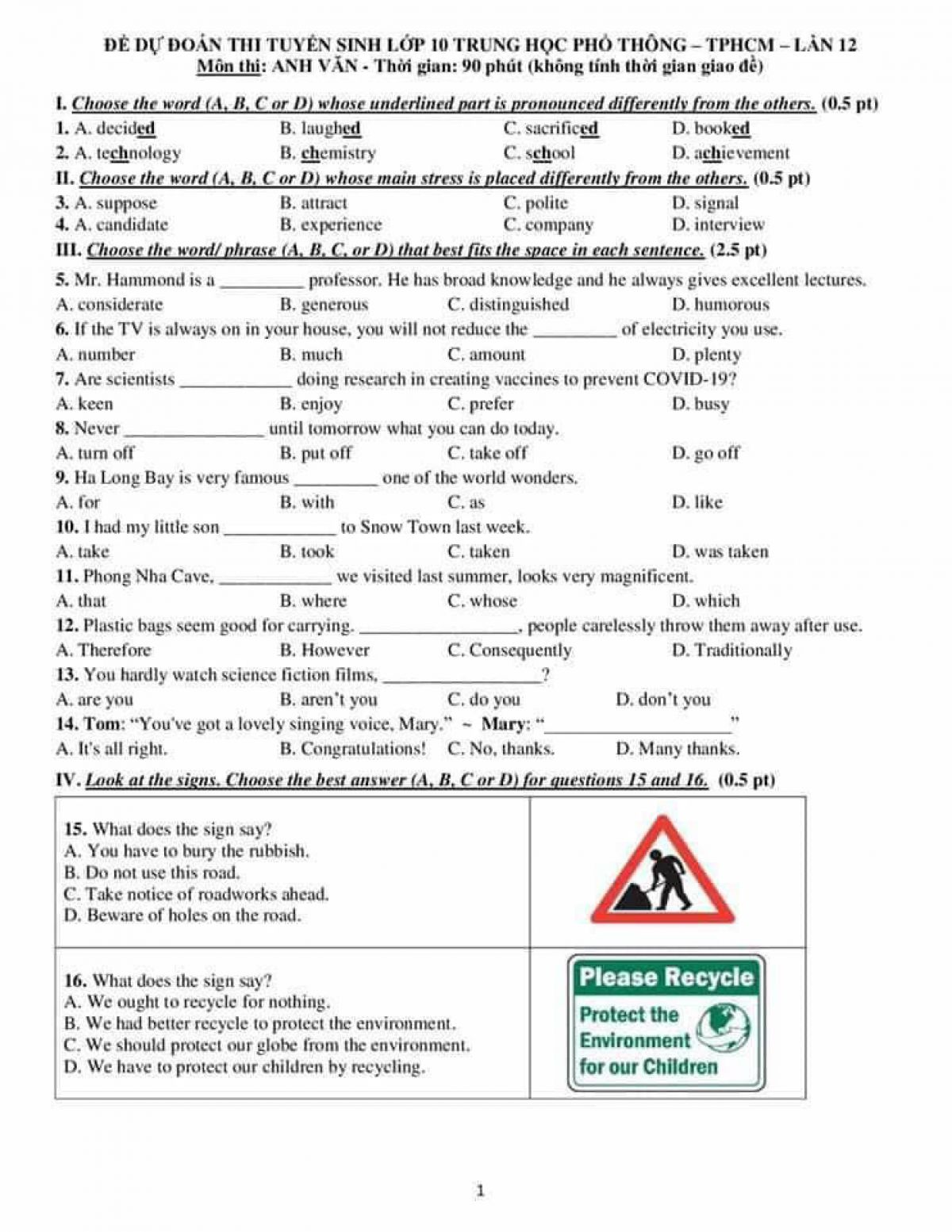 Đề dự đo&aacute;n thi tuyển sinh v&agrave;o lớp 10 THPT - TPHCM - Lần 12 v&agrave; đ&aacute;p &aacute;n m&ocirc;n Anh Văn