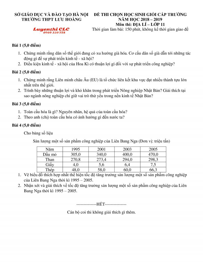 Đề thi chọn HSG môn Địa Lý Trường THPT Lưu Hoàng, Hà Nội năm 2019