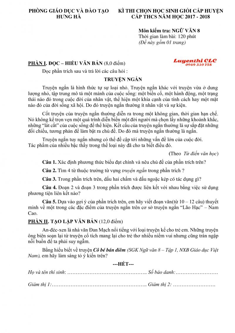 Đề thi chọn HSG cấp huyện môn Ngữ Văn 8 huyện Hưng Hà, tỉnh Thái Bình năm 2017