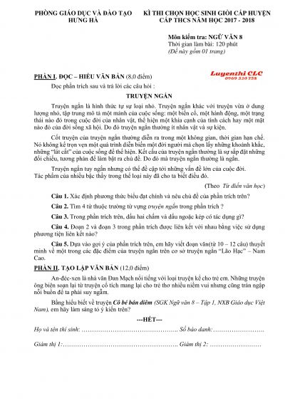 Đề thi chọn HSG cấp huyện môn Ngữ Văn 8 huyện Hưng Hà, tỉnh Thái Bình năm 2017