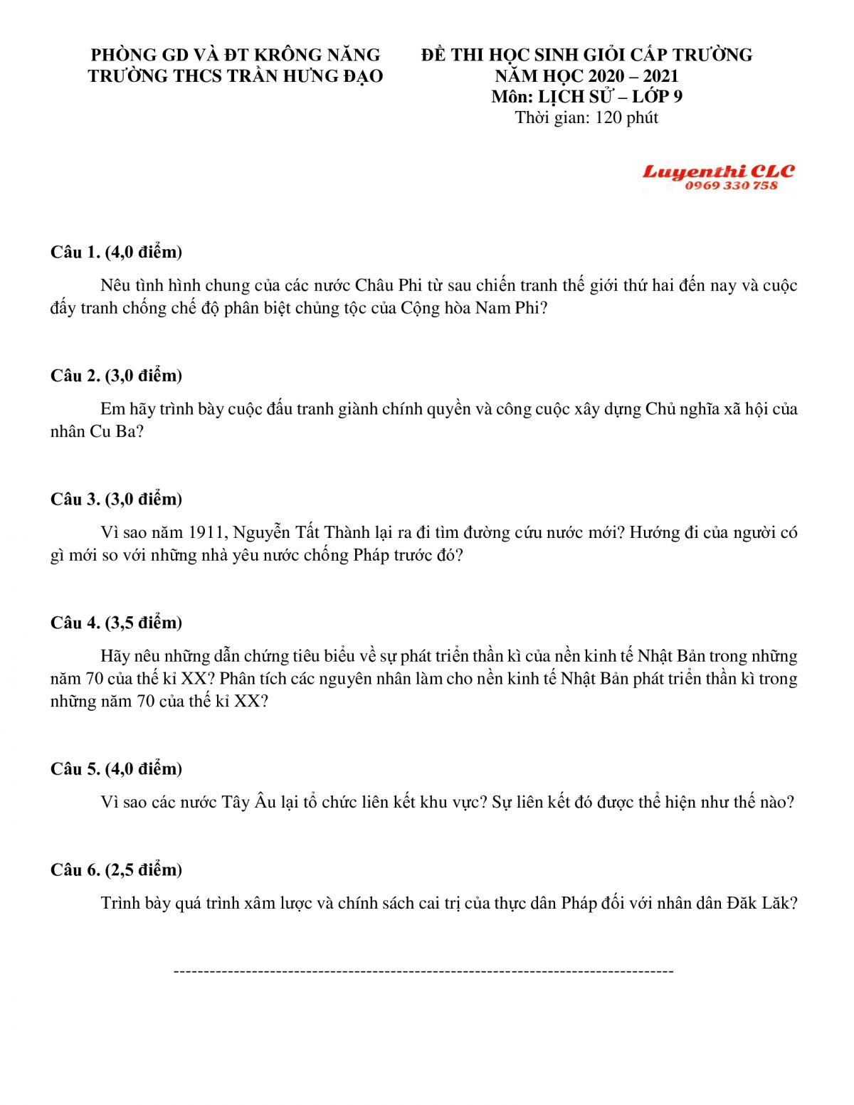 Đề thi HSG m&ocirc;n Lịch Sử lớp 9 Trường THCS Trần Hưng Đạo tỉnh Đăk Lăk năm 2021