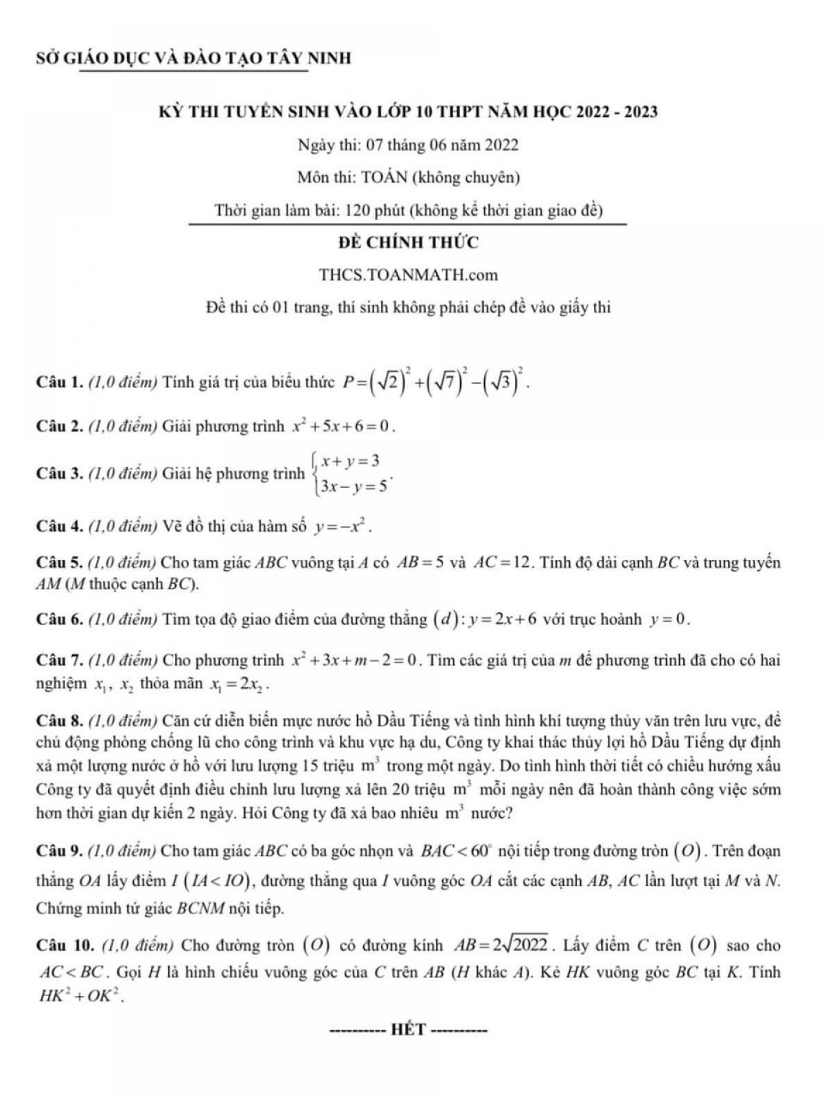 Đề thi tuyển sinh v&agrave;o lớp 10 THPT m&ocirc;n To&aacute;n tỉnh T&acirc;y Ninh năm 2022