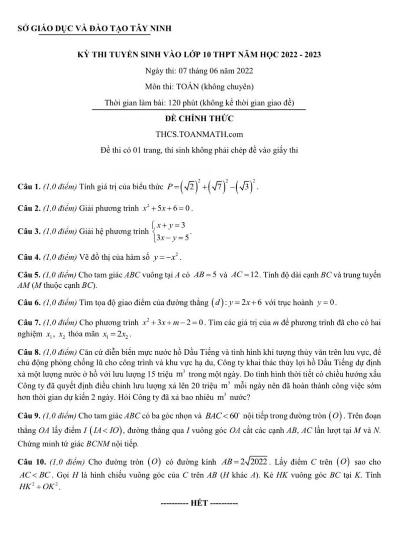 Đề thi tuyển sinh vào lớp 10 THPT môn Toán tỉnh Tây Ninh năm 2022