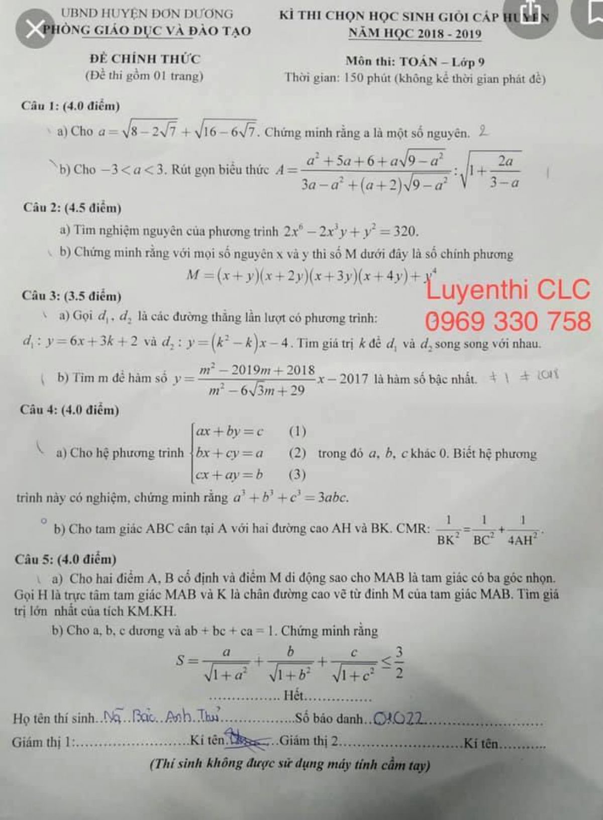 Đề thi chọn HSG cấp huyện m&ocirc;n To&aacute;n lớp 9 huyện Đơn Dương tỉnh L&acirc;m Đồng năm 2018