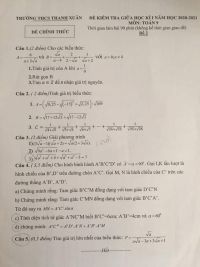 Đề kiểm tra giữa học k&igrave; I m&ocirc;n To&aacute;n lớp 9 - đề số 2, Trường THCS Thanh Xu&acirc;n năm 2020