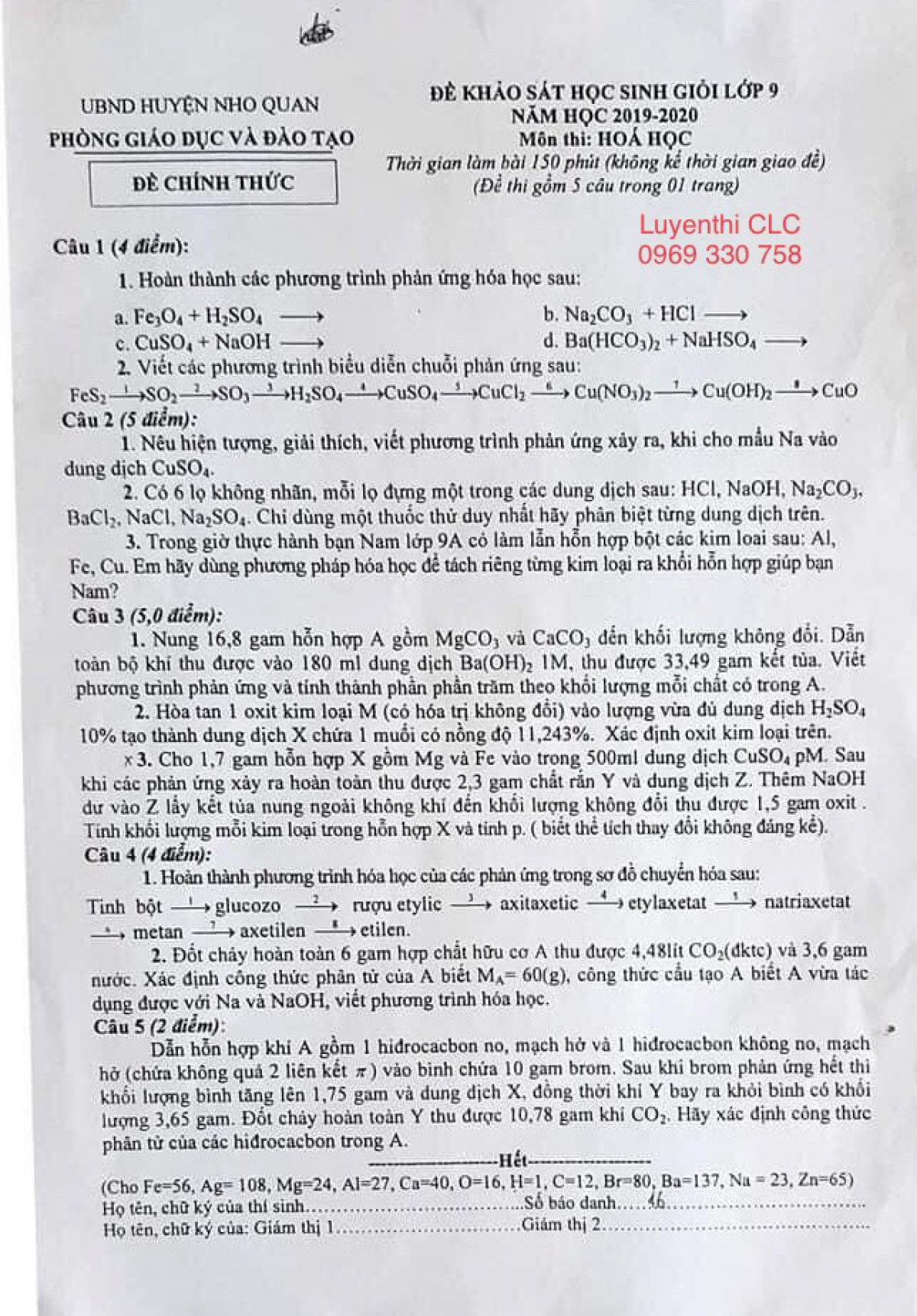 Đề khảo sát HSG lớp 9 môn Hóa Học huyện Nho Quan, tỉnh Ninh Bình năm 2019