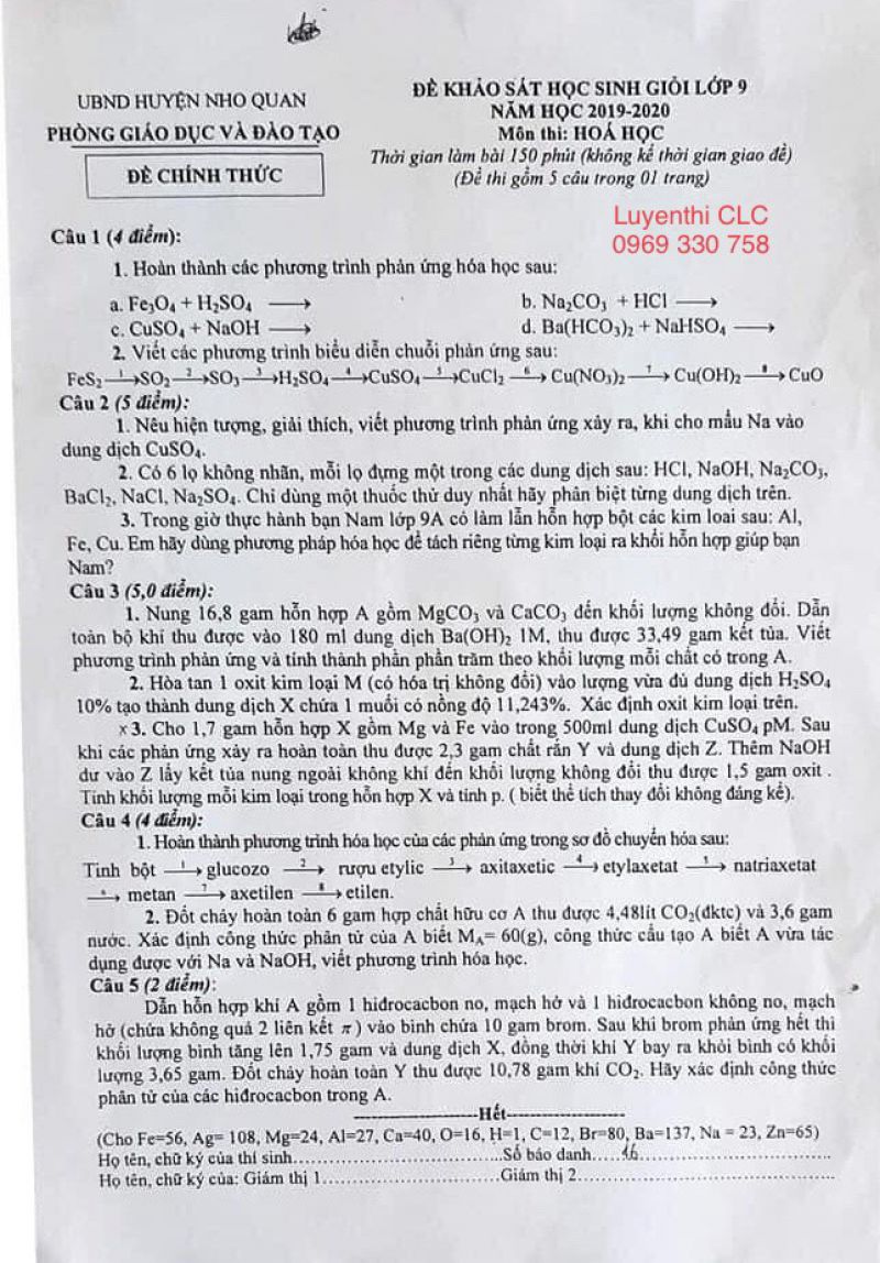 Đề khảo s&aacute;t HSG lớp 9 m&ocirc;n H&oacute;a Học huyện Nho Quan, tỉnh Ninh B&igrave;nh năm 2019