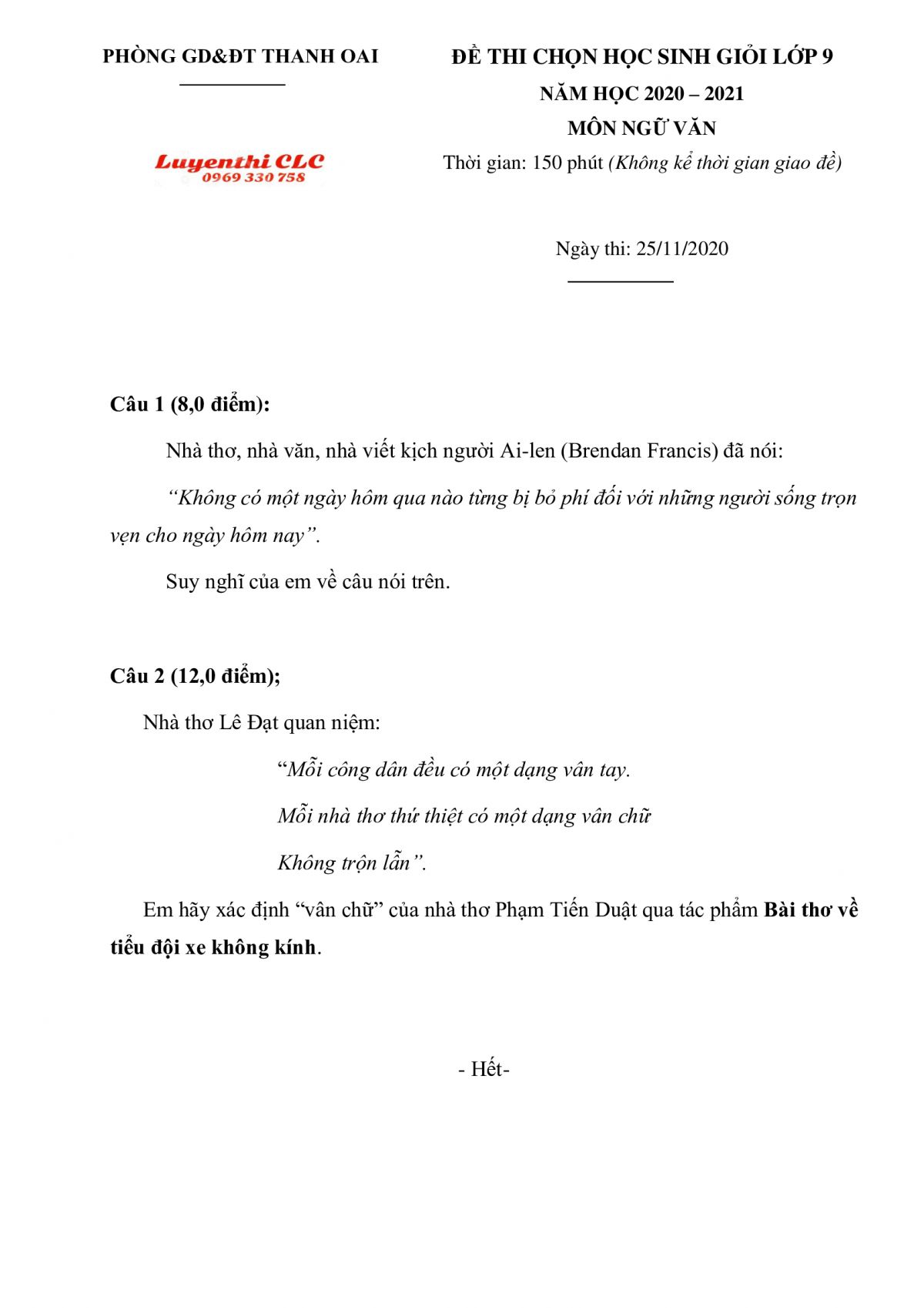 Đề thi chọn HSG m&ocirc;n Ngữ Văn huyện Thanh Oai, H&agrave; Nội năm 2020