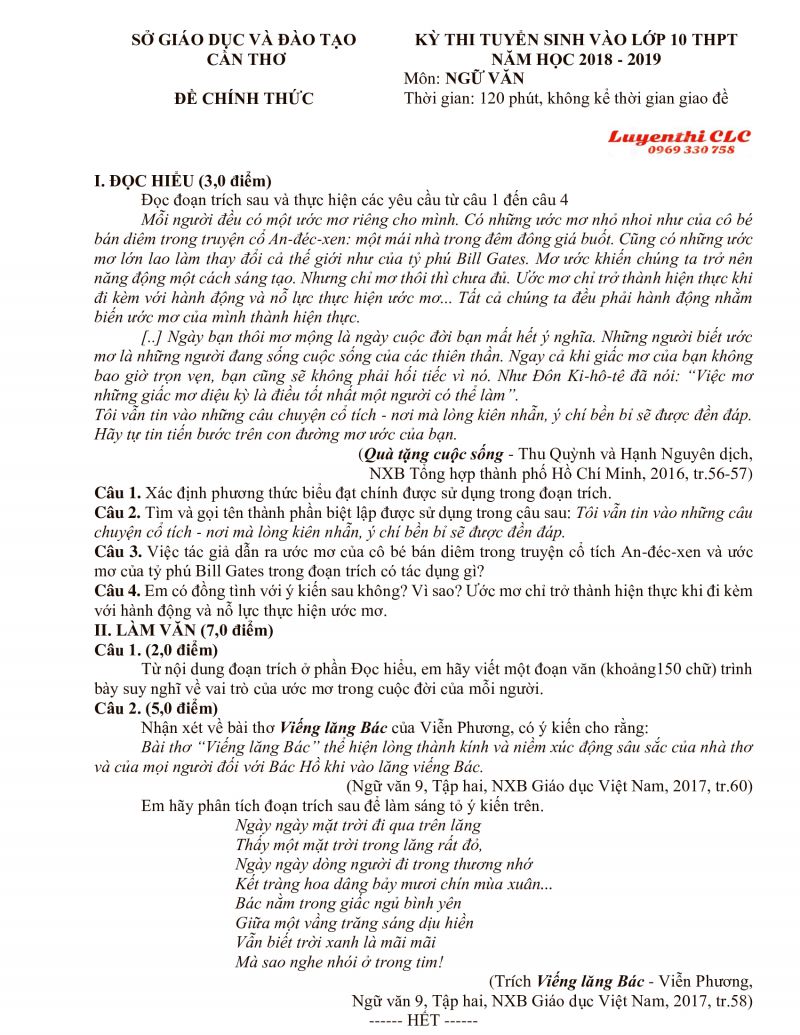 Đề thi tuyển sinh vào lớp 10 THPT môn Ngữ Văn tỉnh Cần Thơ năm 2019
