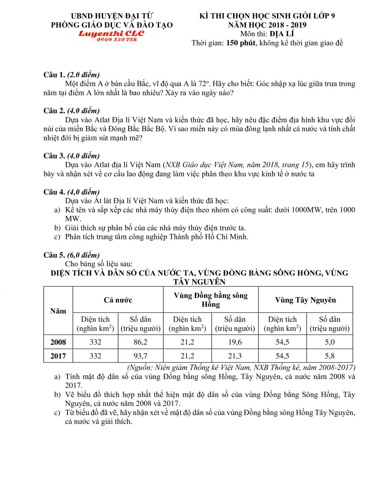Đề thi chọn HSG lớp 9 môn Địa Lí tỉnh Thái Nguyên năm 2018