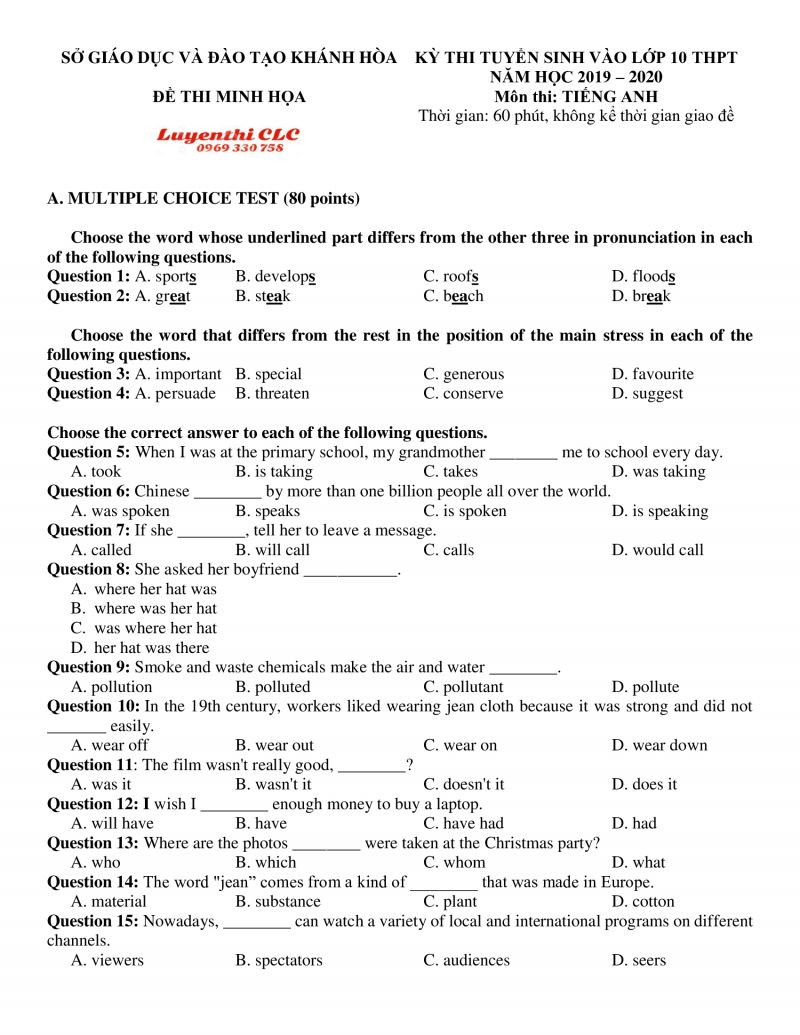 Đề thi tuyển sinh vào lớp 10 THPT môn Tiếng Anh tỉnh Khánh Hòa năm 2020
