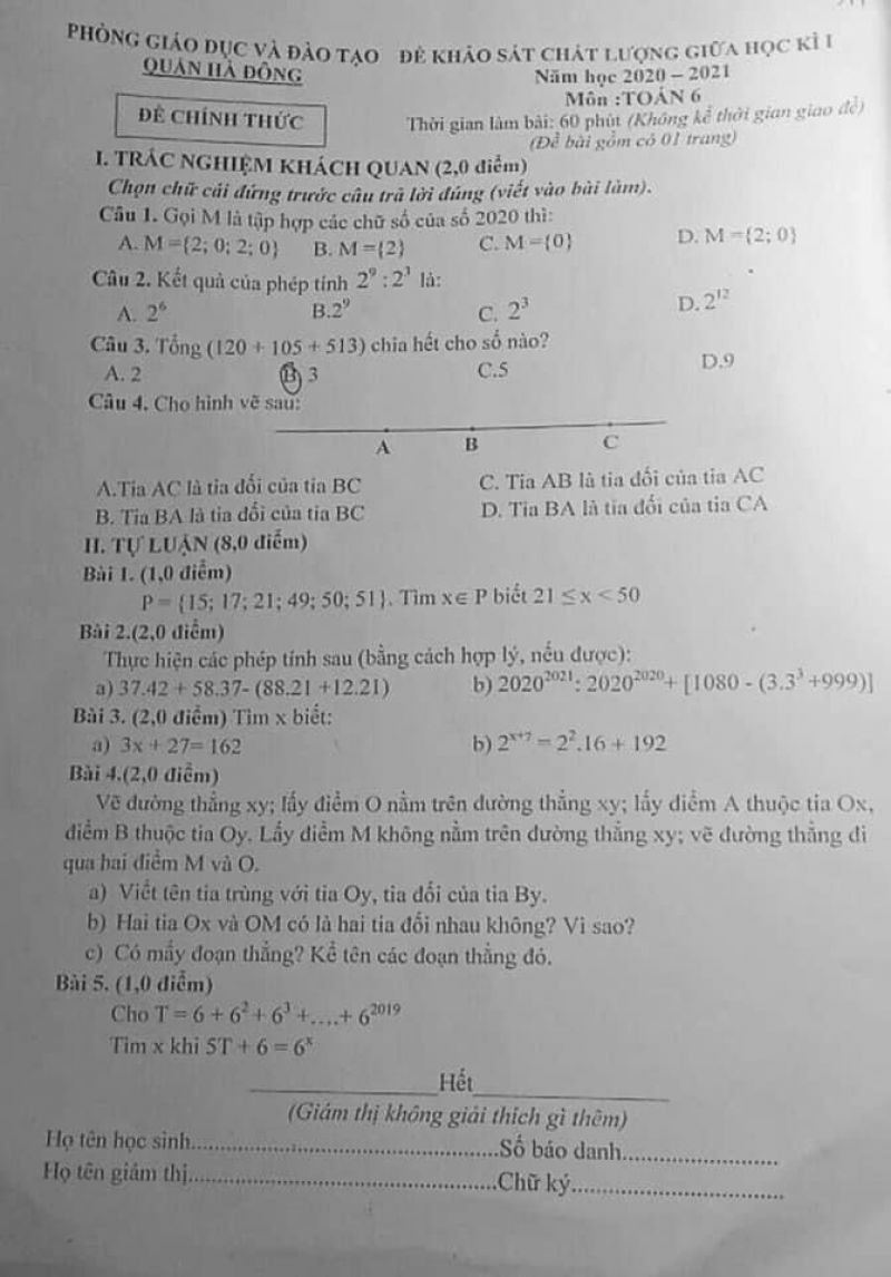 Đề khảo sát chất lượng giữa học kì I môn Toán lớp 6 quận Hà Đông năm 2020