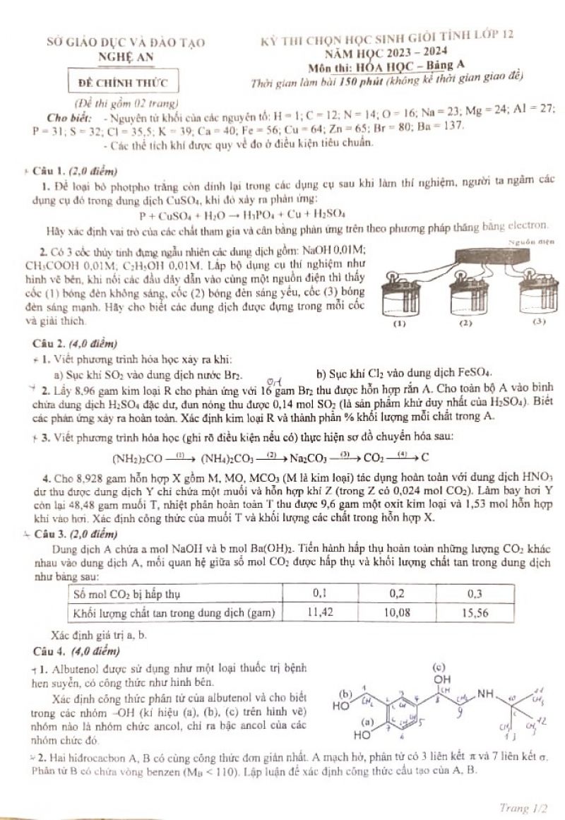 Đề thi chọn HSG môn Hóa Học lớp 12 - Bảng A tỉnh Nghệ An năm 2023
