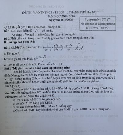 Đề thi vào TNTHCS &amp; TS lớp 10 môn Toán tại Hà Nội năm 2004