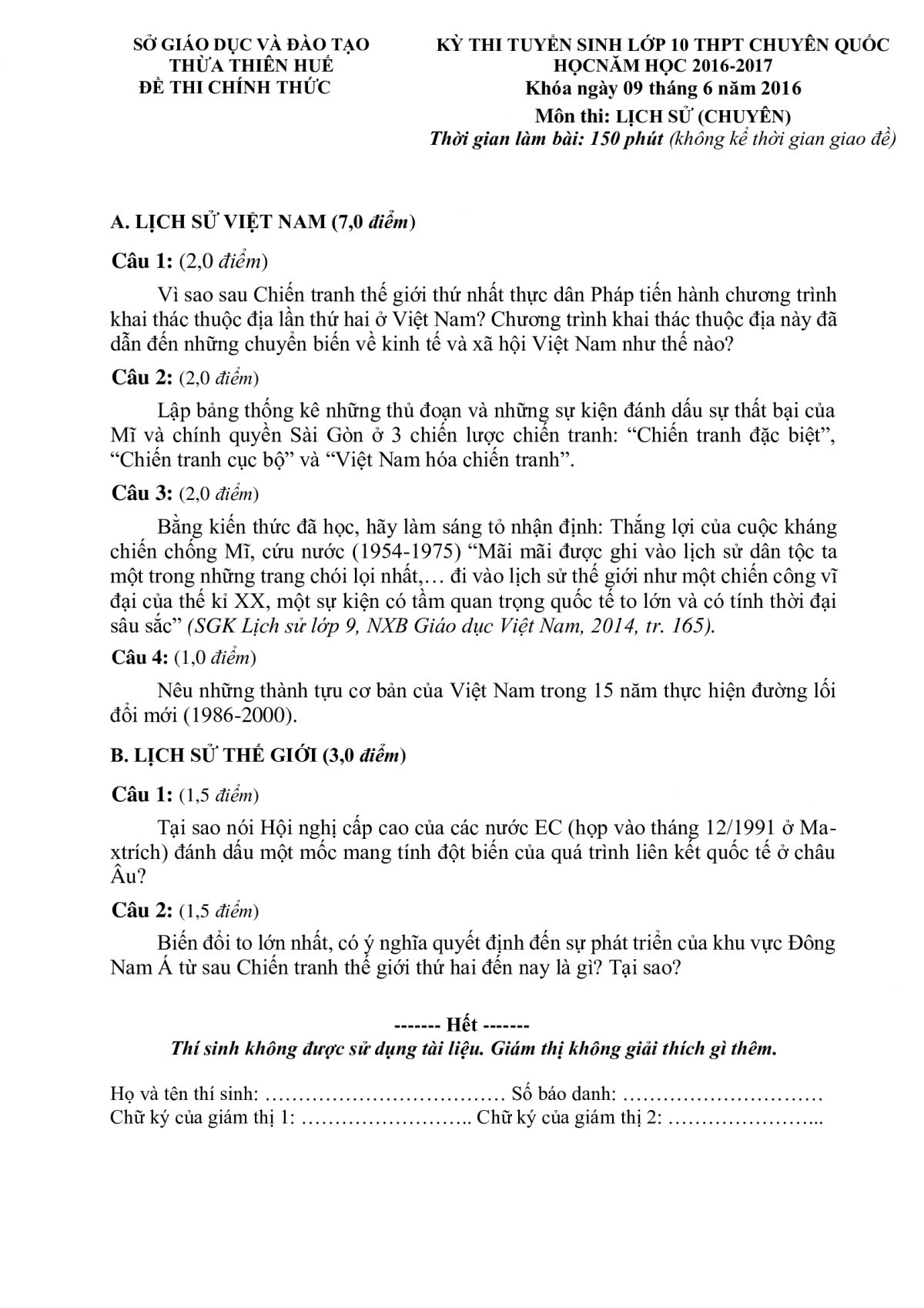 Đề thi tuyển sinh vào lớp 10 THPT CHUYÊN QUỐC HỌC môn Lịch Sử tại Thừa Thiên Huế năm 2016
