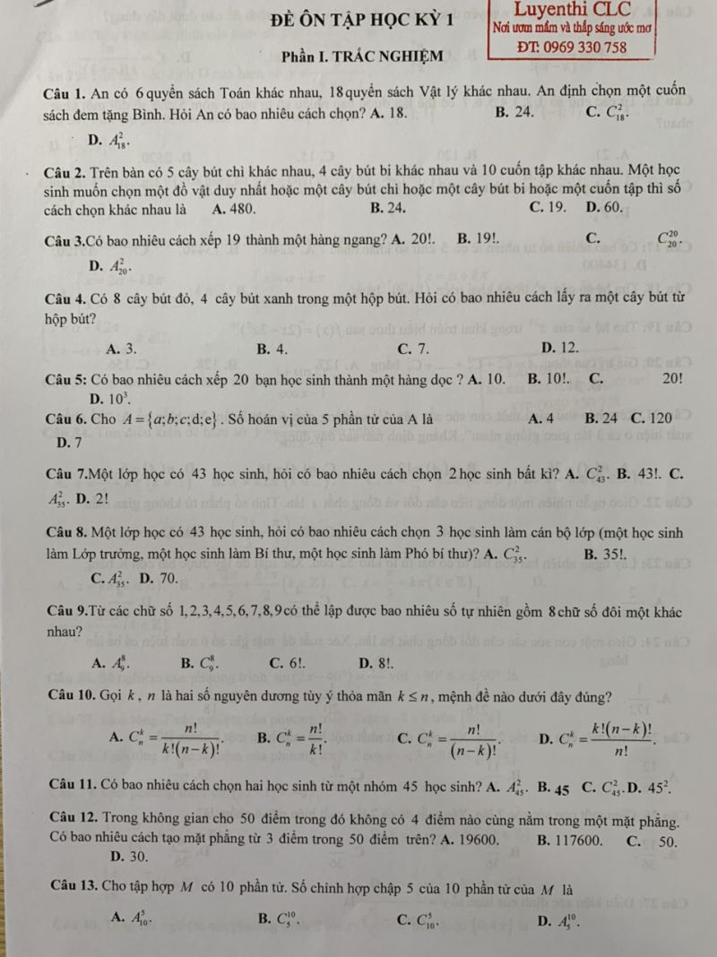 Đề ôn tập học kì I môn Toán