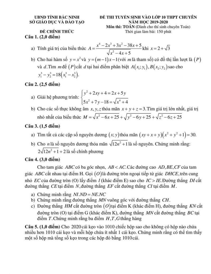 Đề thi tuyển sinh vào lớp 10 THPT và đáp án môn Toán tỉnh Bắc Ninh năm 2019