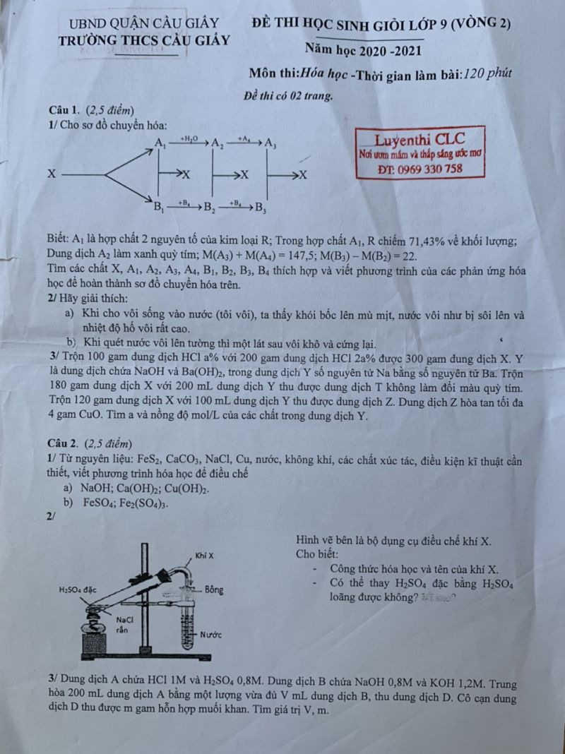 Đề thi HSG lớp 9 v&ograve;ng 2 m&ocirc;n H&oacute;a Học quận Cầu Giấy năm 2020