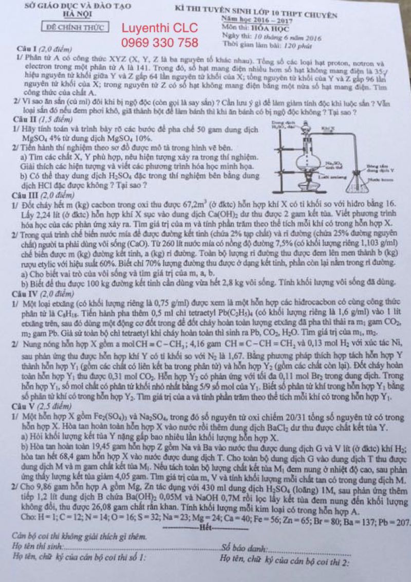 Đề thi tuyển sinh v&agrave;o lớp 10 THPT CHUY&Ecirc;N m&ocirc;n H&oacute;a Học tại H&agrave; Nội năm 2016