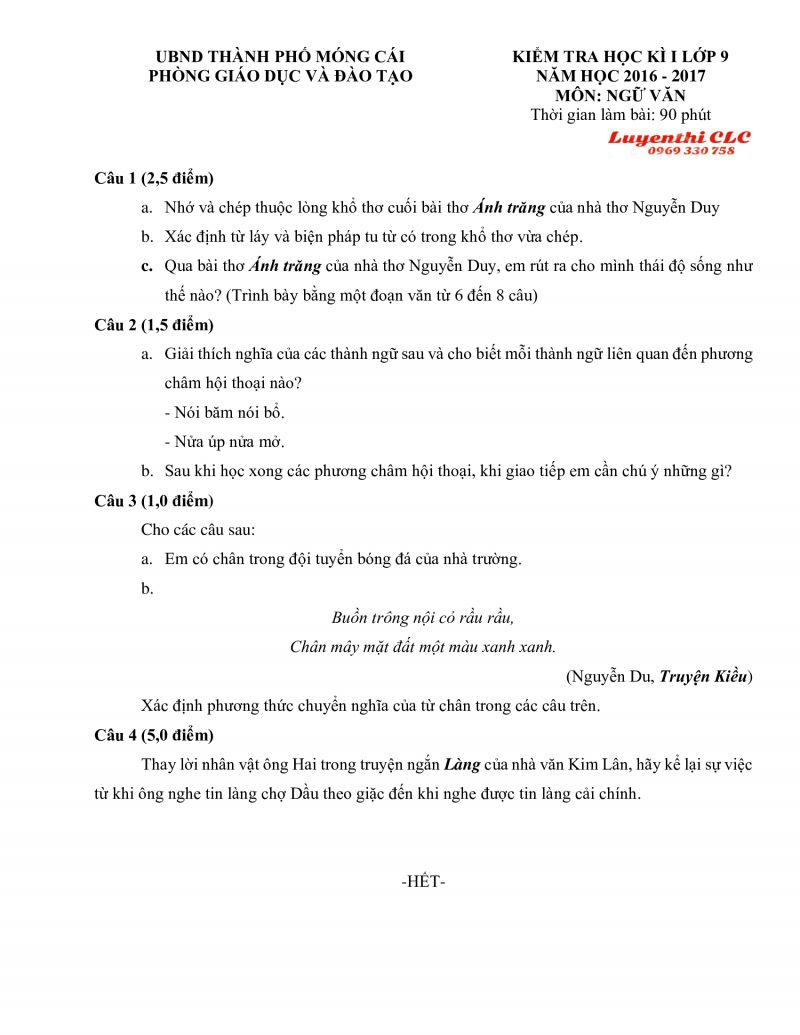 Đề kiểm tra học kì I môn Ngữ Văn lớp 9, huyện Móng Cái, tỉnh Quảng Ninh năm 2016