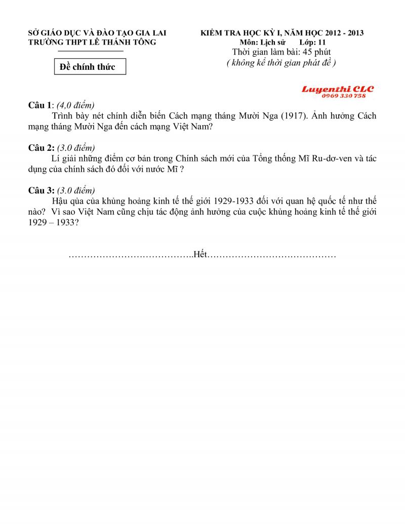 Đề kiểm tra học kì I môn Lịch Sử lớp 11, Trường THPT Lê Thánh Tông năm 2012