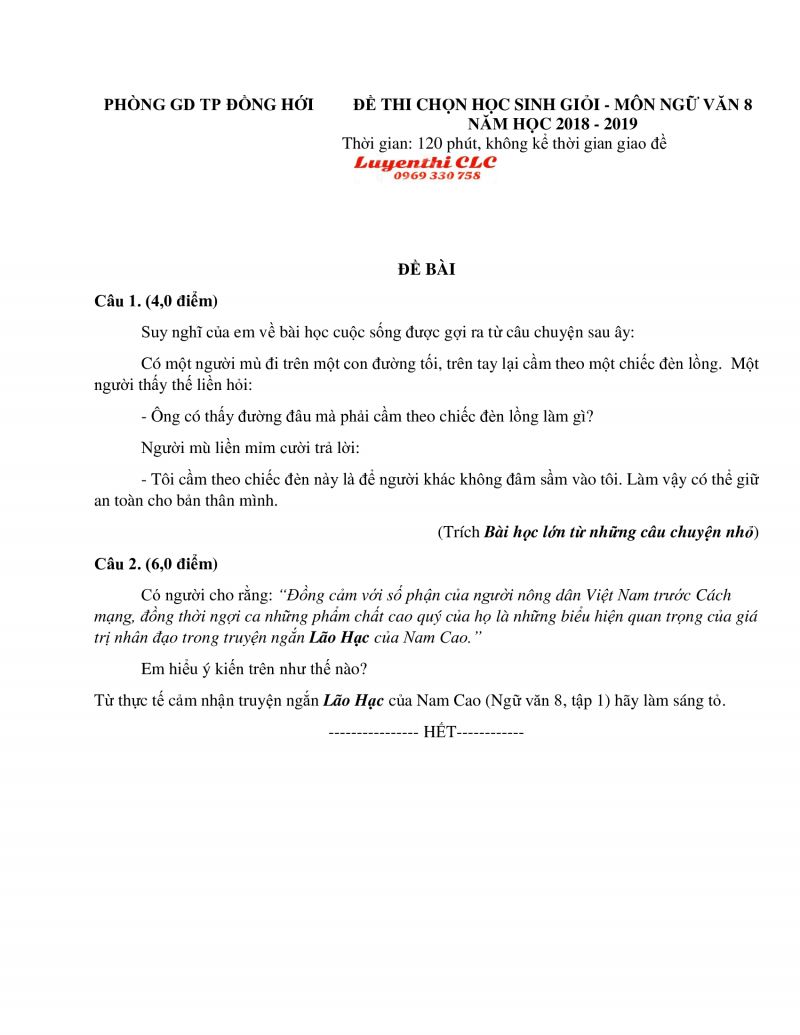 Đề thi chọn HSG môn Ngữ Văn lớp 8 huyện Đồng Hới, tỉnh Quảng Bình năm 2018