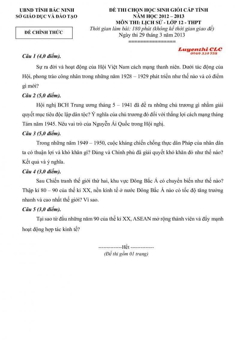 Đề thi chọn HSG cấp tỉnh môn Lịch Sử lớp 12 THPT tỉnh Bắc Ninh năm 2013